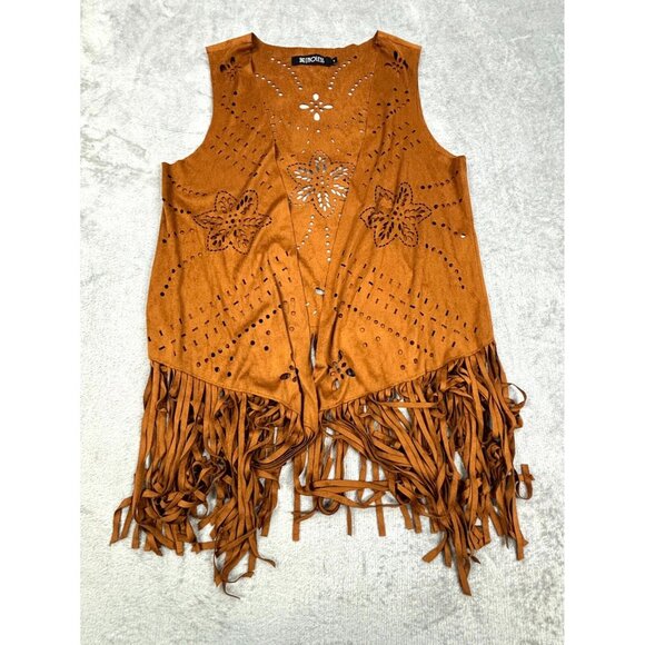 Relish Noless Faux Suede Fringe Vest Womens Small Brown Open Front Hippie - Picture 3 of 9